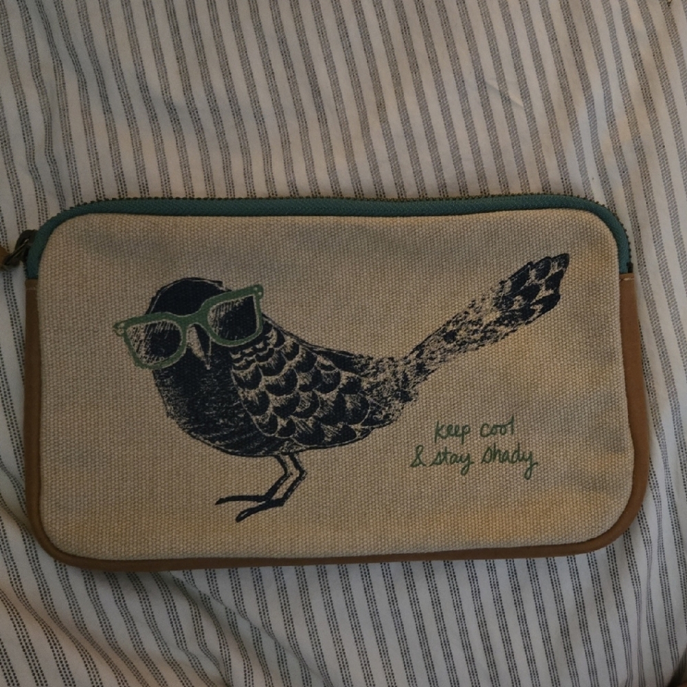 Fossil Tan and Black Bird Print Clutch
